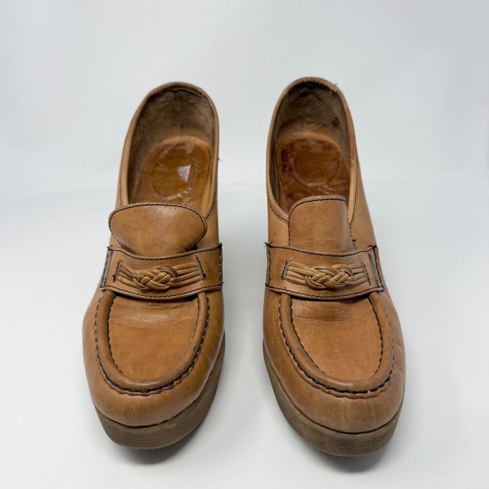 Vintage 1970s Famalore Hi-Up Platform Wedge Slip On Leather Loafer Hippie Boho - Picture 3 of 8